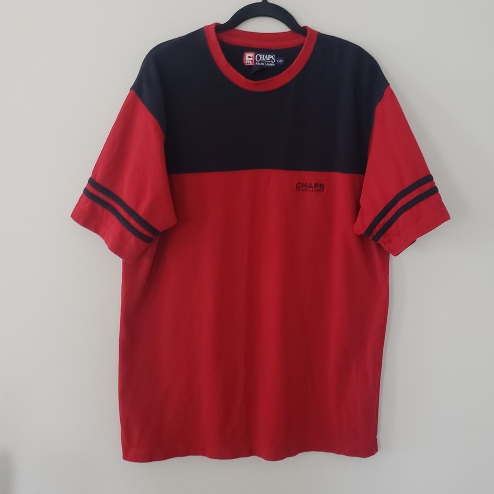 Vintage‎ Chaps Ralph Lauren Mens Shirt LARGE Preppy Color Block Short Sleeve Red
